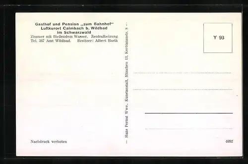 AK Calmbach b. Wildbad im Schwarzwald, Gasthof und Pension zum Bahnhof