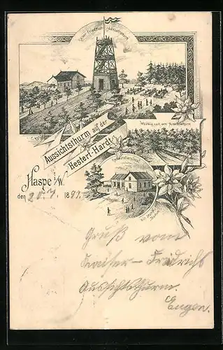 Lithographie Haspe i. W., Gasthaus und Aussichtsturm auf der Hestert-Hardt