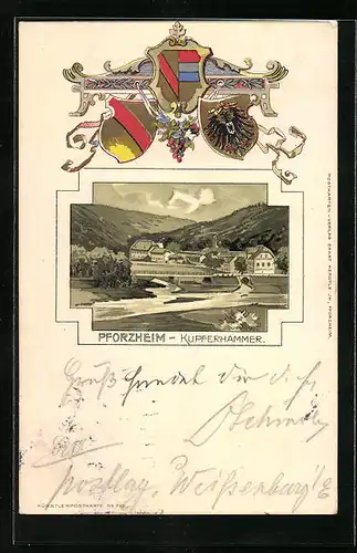 Passepartout-Lithographie Pforzheim, Panorama mit Kupferhammer, Wappen