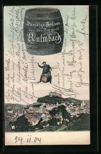 AK Kulmbach, Fliegender Mann im Bierfass-Ballon über der Stadt