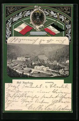 Passepartout-Lithographie Bad Harzburg, Panorama mit Actienhotel, Wappen