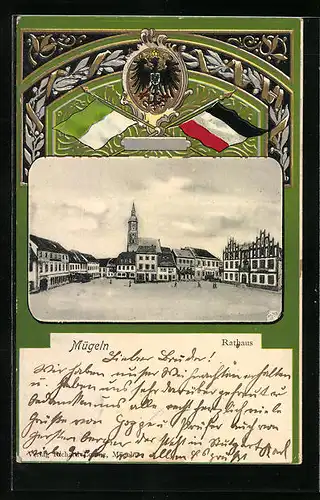 Passepartout-Lithographie Mügeln, Rathaus auf dem Marktplatz, Wappen