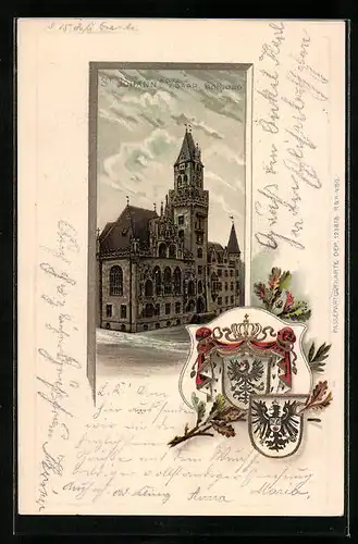 Passepartout-Lithographie St. Johann /Saar, Rathaus, Wappen mit Eichenlaub