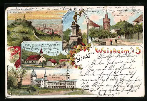 Lithographie Weinheim a. d. B., v. Berkheimsches Schloss, Rother Turm, Kriegerdenkmal