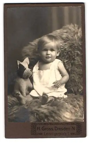 Fotografie H. Gross, Dresden, Leisnigerplatz 1, süsses blondes Kind mit seinem Stoffhund auf einem Fell sitzend