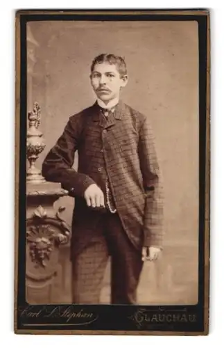 Fotografie Carl L. Stephan, Glauchau, Hoffnung 47, Portrait junger Mann im karierten Anzug mit Moustache