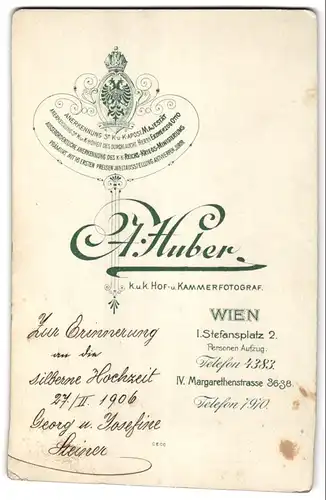 Fotografie A. Huber, Wien, Stefansplatz 2, Georg und Josefine Steiner zur Silberhochzeit im Kleid und Anzug, 1906