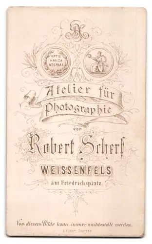 Fotografie Rob. Scherf, Weissenfels, am Friedrichsplatz, junge Mutter im Biedermeierkleid mit Kind auf dem Schoss