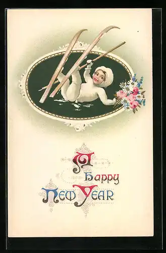 Präge-AK Kleiner Skiläufer mit Blumenstrauss ist gestürzt