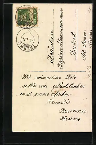 AK Mädchen mit Schlitten wünscht Prosit Neujahr