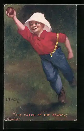 Künstler-AK The Catch of the Season, Knabe spielt Cricket