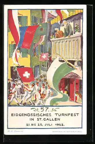 Künstler-AK St. Gallen, 57. Eidgenössisches Turnfest 1922, Festzug durch die Stadt