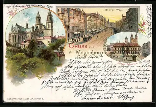 Lithographie Magdeburg, Dom, Alter Markt, Breiter Weg