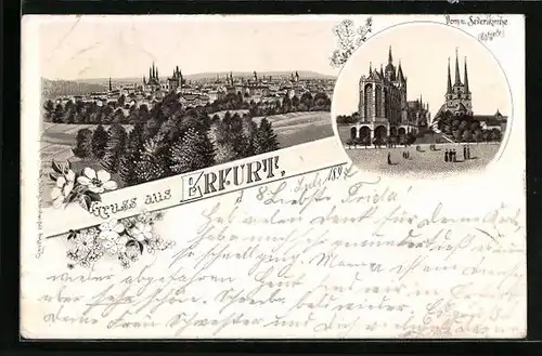 Lithographie Erfurt, Teilansicht, Dom u. Severikirche Ostseite