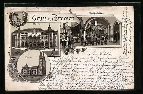 Lithographie Bremen, Inneres Gasthaus Ratskeller, Börse, Dom