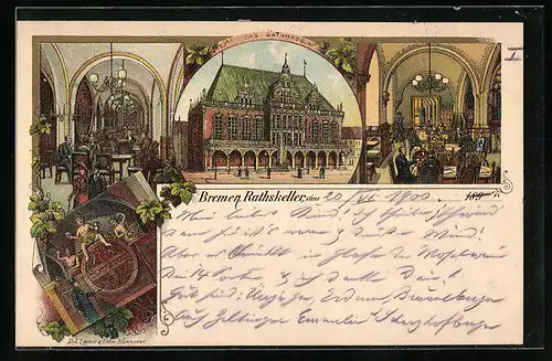 Lithographie Bremen, Innenansichten Gasthaus Ratskeller, Rathaus