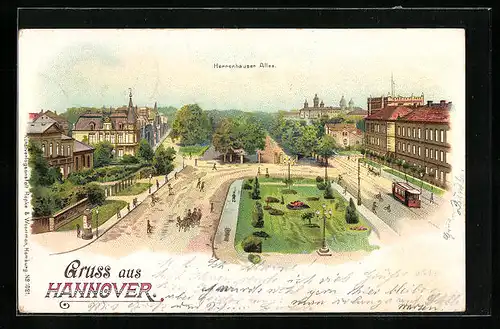 Lithographie Hannover, Herrenhauser Allee mit Strassenbahn