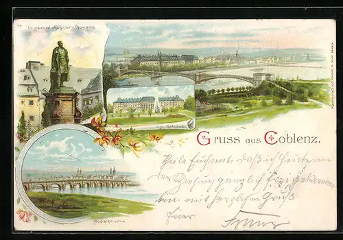 Lithographie Koblenz, Denkmal August v. Goeben, Königliches Schloss, Moselbrücke