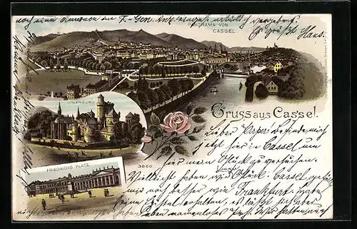 Lithographie Kassel, Panorama, Löwenburg, Friedrichsplatz