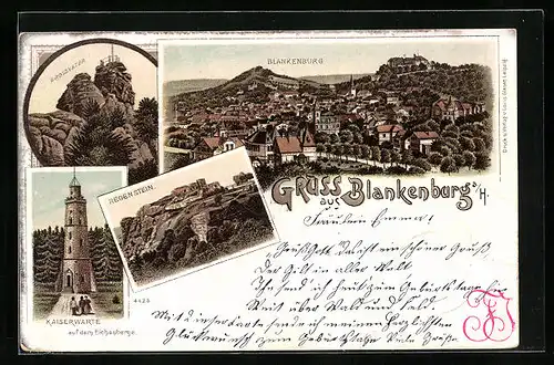 Lithographie Blankenburg a. H., Kaiserwarte, Regenstein, Grossvater