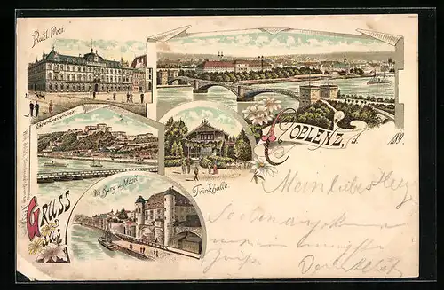 Lithographie Koblenz, Trinkhalle, Kaiserliche Post, Ehrenbreitstein