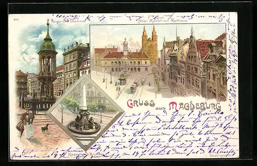 Lithographie Magdeburg, Alter Markt mit Rathaus und Strassenbahn, Kaiser Otto Denkmal, Hasselbach-Brunnen