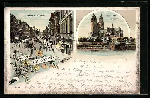 Lithographie Magdeburg, Der Breite Weg mit Geschäften und Strassenbahn, Der Dom Südseite