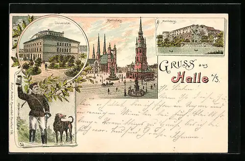 Lithographie Halle a. S., Universität, Moritzburg, Marktplatz mit Denkmal