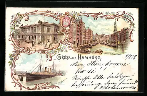 Lithographie Hamburg, Börse, Fleet bei der Reimersbrücke, Schnelldampfer Normannia