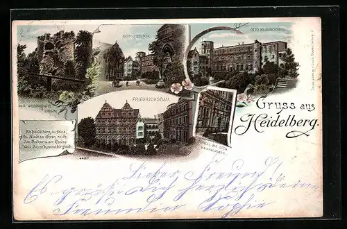Lithographie Heidelberg, Friedrichsbau, Schlosshof, Otto Heinrichsbau