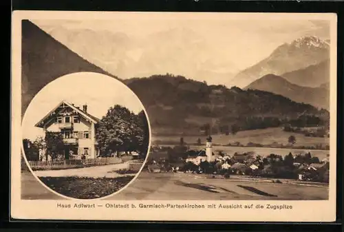 AK Ohlstadt, Haus Adlwart, Ortsansicht mit Zugspitze