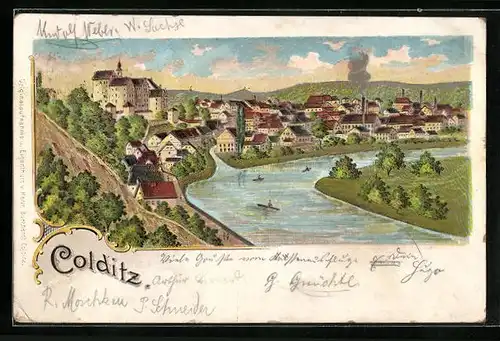 Lithographie Colditz, Panoramablick auf die Ortschaft
