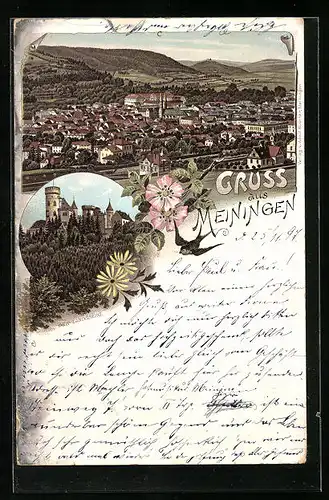 Lithographie Meiningen, Der Landsberg, Ortsansicht aus der Vogelschau