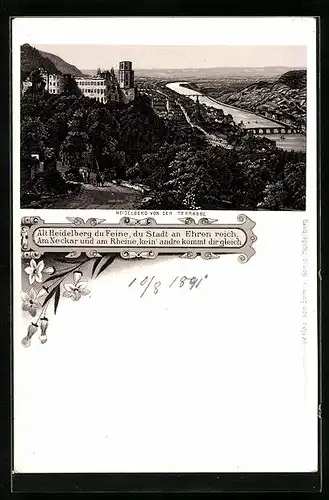 Lithographie Heidelberg, Blick von der Terrasse auf Schloss und Neckar