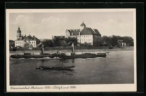 AK Pretzsch /Elbe, Schloss und Dampfer auf dem Fluss