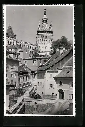AK Schässburg, Ortspartie mit Treppen und Turm