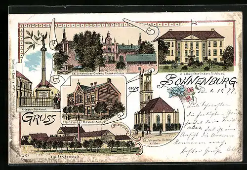 Lithographie Sonnenburg, Kgl. Strafanstalt, Kleinkinder Bewahr-Anstalt