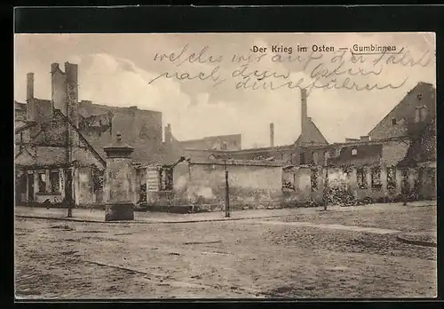 AK Gumbinnen, Zerstörter Strassenzug, Litfasssäule