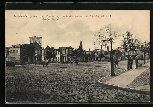 AK Neidenburg, Zerstörte Gebäude am grossen Markt