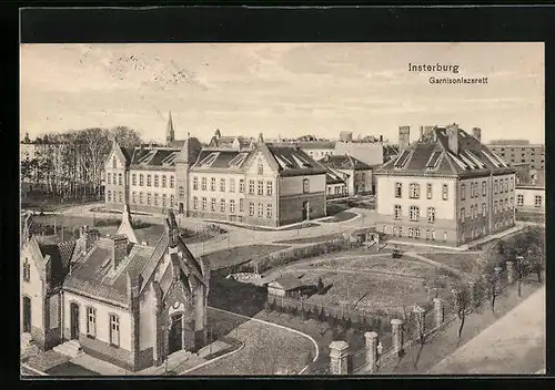 AK Insterburg, Garnisonslazarett aus der Vogelschau
