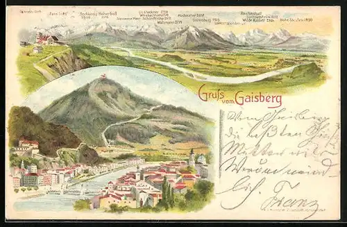 Lithographie Gaisberg, Ortsansicht mit Gebirgskette