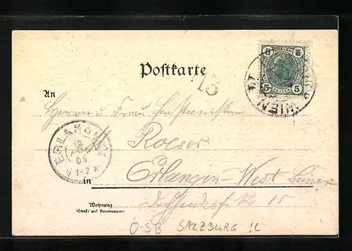 Lithographie Gaisberg, Ortsansicht mit Gebirgskette