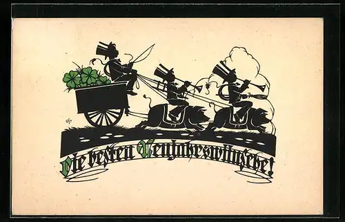 Künstler-AK A. Ost: Neujahrsgruss, Glücksbringer im Schweinsgalopp