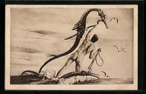Künstler-AK Richard Müller: Nackter Mann reitet Seepferdchen