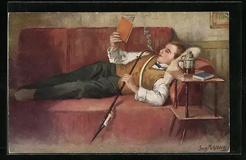 Künstler-AK Georg Mühlberg: Studio auf der Bude, Rauchender Student mit Buch