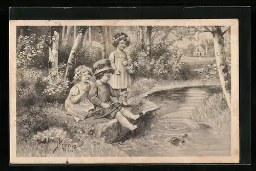 Künstler-AK Kränzle: Kinder mit Angelrute am Bachlauf