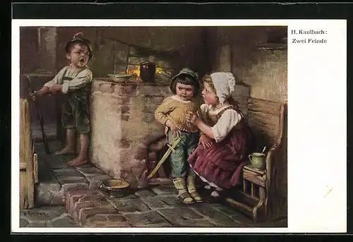 Künstler-AK Hermann Kaulbach: Zwei Feinde, Weibliche Vermittlungskünste