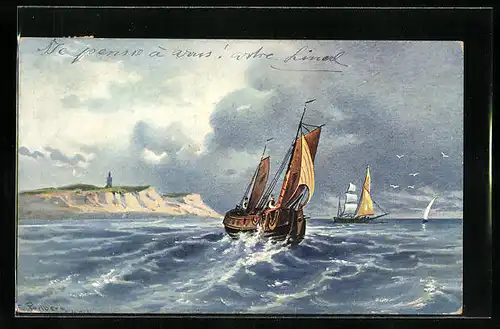 Künstler-AK Friedrich Perlberg: Segelschiffe vor einer Küste