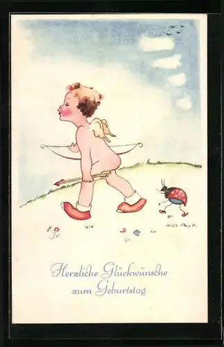 Künstler-AK Hilla Peyk: Amor und Marienkäfer