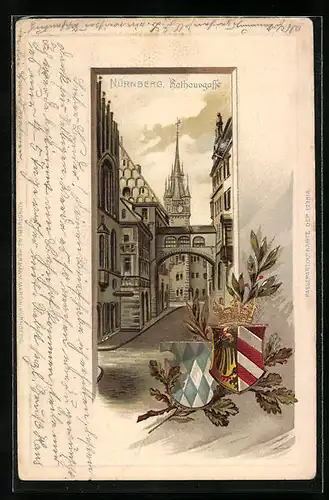 Passepartout-Lithographie Nürnberg, Rathausgasse, Wappen